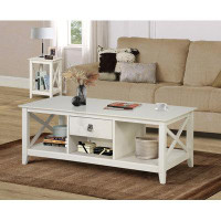 Gracie Oaks Antique White Coffee Table With Drawer And Open Shelves