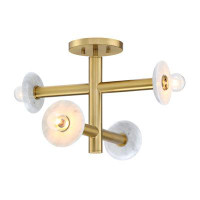 Mercer41 Wilfrid 16 in. 4-Light Brushed Gold Modern Semi Flush Mount with Natural Marble Accents for Bedrooms
