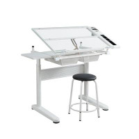 Inbox Zero Hand Crank Adjustable Drafting Table Drawing Desk With 2 Metal Drawers (white)with Stool