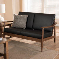 George Oliver Deges Mid-Century Modern Walnut Wood Black Faux Leather 2-Seater Loveseat