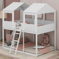 Cosmic Kids Full Over Full Wood Bunk Bed with Roof, Window, Guardrail, Ladder