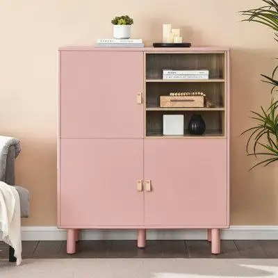 Latitude Run® Free Standing accent cabinet with three doors and open shelves