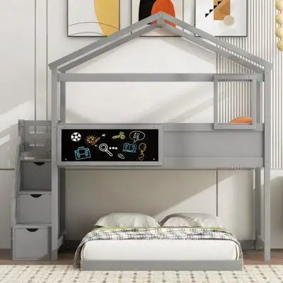Wenty Twin Over Full House Bunk Bed With Storage Staircase And Blackboard,White(Old SKU: GX001701AAK)