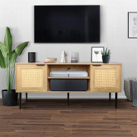 Bayou Breeze Wooden TV Stand For Tvs Up To 65 Inches,With 2  Rattan Decorated Doors  And 2 Open Shelves,Living Room TV C