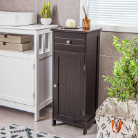 Winston Porter Winston Porter Wooden Bathroom Floor Storage Cabinet Organizer W/ Drawer Adjustable Shelf Brown