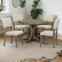 Red Barrel Studio Harish 5-Piece Retro Round Dining Table Set With Curved Trestle Style Table Legs And 4 Upholstered Cha