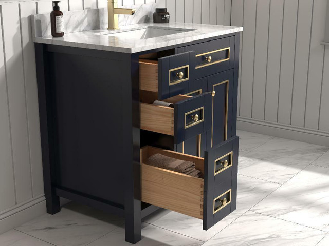36, 48, 60 & 72 Blue with Gold Accents Bathroom Vanity w Carrara White Marble (Dovetail Drawer)(Light Oak & White Avail) in Cabinets & Countertops - Image 3