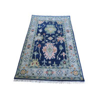 Bungalow Rose Hand Knotted Navy Blue Colourful Turkish Oushak Oriental Rug
