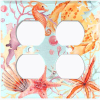 WorldAcc Metal Light Switch Plate Outlet Cover (Sea Horse Crab Star Fish Coral Light Blue  - Double Duplex)