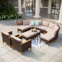 Lark Manor Argyri 9 Piece Wicker Outdoor Patio Furniture Set, Stylish Rattan Sectional Patio Set with Beige Cushions