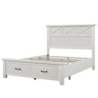 August Grove Whitewash Rustic Farmhouse Queen Bed With Storage - 2 Drawers Panel Design In White