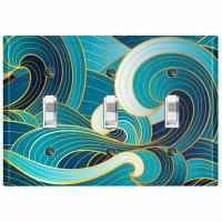 WorldAcc Metal Light Switch Plate Outlet Cover (Chevron Blue Wave Pattern - Triple Toggle)