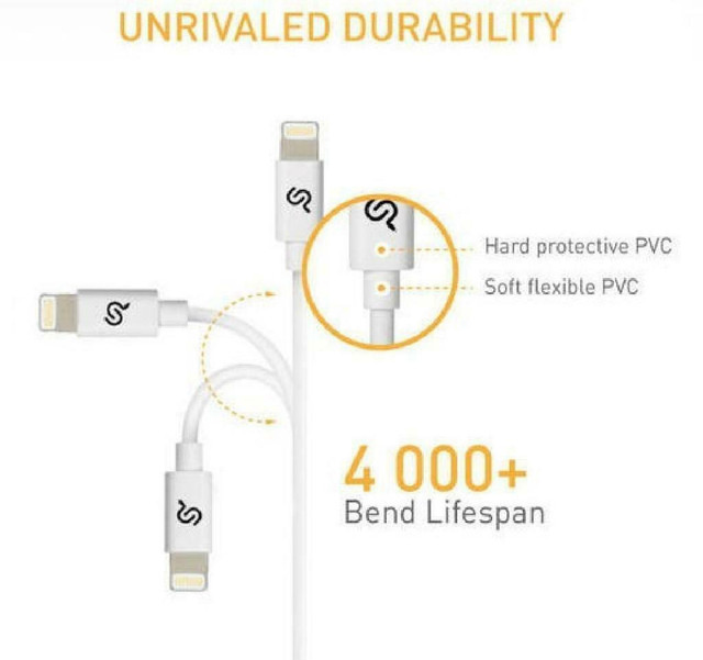 1M (3 ft.) Lightning Cable - Apple MFi Certified Lightning to USB Charging Sync Cable - 1/Pack - White in Cell Phone Accessories in West Island - Image 3