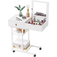 Latitude Run® Moveable Vanity Desk With Mirror For Small Spaces, Makeup Dressing Table Computer Desk With Drawers And Sh