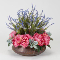 D & W Silks Peonies With Lavender In Aged Copper Bowl