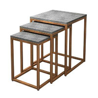 Tree Line Furniture Side Table Made Of Metal Gold And Shagreen Top - Set Of 3