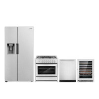 Cosmo 4 Piece Kitchen Package With 36" Freestanding Dual Fuel Range 24" Built-in Fully Integrated Dishwasher Side By Sid