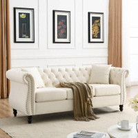 House of Hampton [Video] 80" Chesterfield Sofa Beige Velvet For Living Room, 3 Seater Sofa Tufted Couch With Rolled Arms