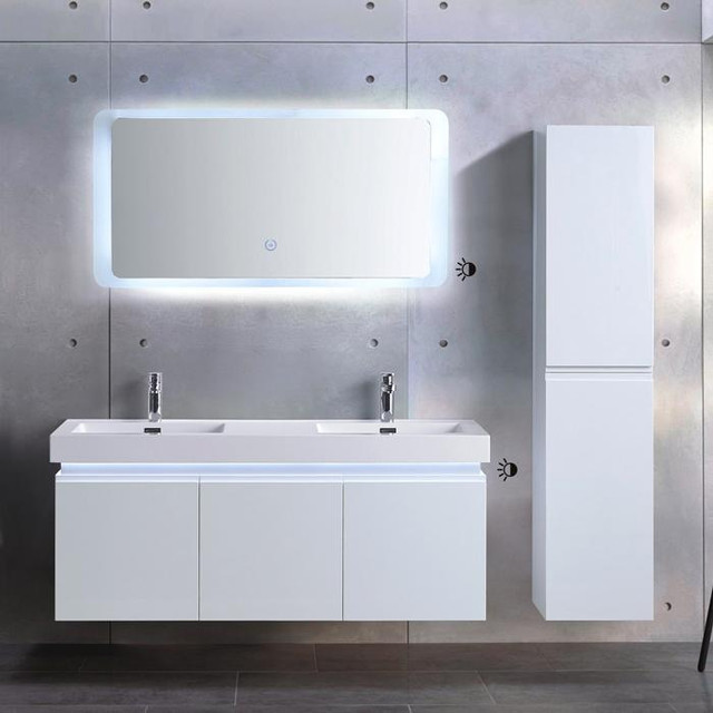 3 Piece 54 Inch Wall Mount Vanity Set with Linen Cabinet and LED Mirror ( Faucet Not included but are Available ) in Cabinets & Countertops - Image 2