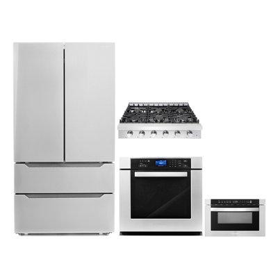 Cosmo 4 Piece Kitchen Package 36" Slide-in Gas Cooktop 30" Single Electric Wall Oven 24" Built-in Microwave Drawer & Ene in Refrigerators