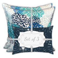HomeRoots Set Of Three 18" X 18" Blue And White Zippered Floral Throw Indoor Outdoor Pillow