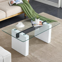 Ivy Bronx Minimalist Transparent Tempered Glass Coffee Table Set with MDF Decorative Column