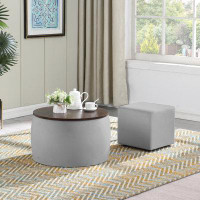 Latitude Run® Versatile Round Ottoman Set: Combining Storage, Round Coffee Table, And Square Footrest