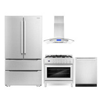 Cosmo Cosmo 4 Piece Kitchen Package With 36" Freestanding Gas Range 36" Island Range Hood 24" Built-in Integrated Dishwa