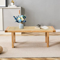 Latitude Run® Modern and minimalist rectangular rattan tabletop with rubber wooden legs