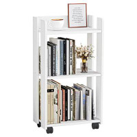 KOVOME 3-Tier Side Table With Wheels, Moveable Bookshelf, Multi-Functional Rolling Bookcase Storage Cart Organizer, Whit