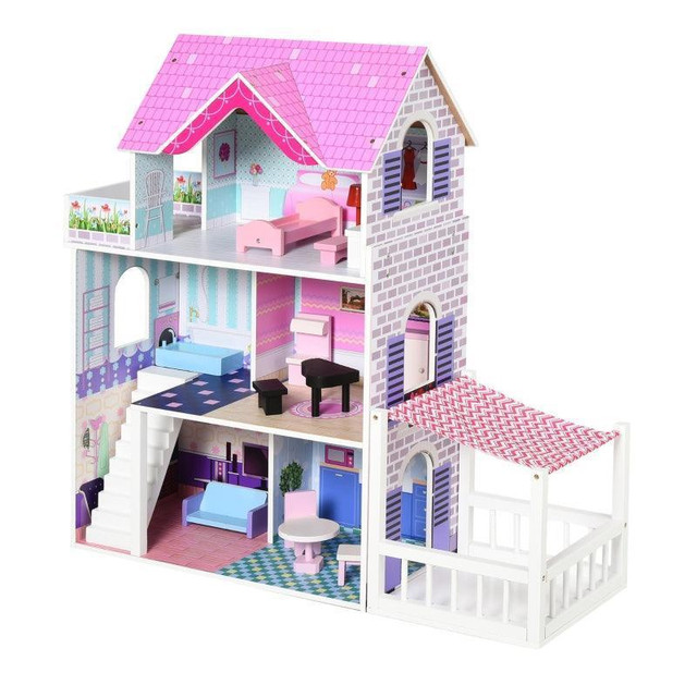 2.9FT KIDS WOODEN DOLLHOUSE DREAMHOUSE VILLA WITH PATIO DOLLHOUSE WITH FURNITURE ACCESSORIES in Toys & Games - Image 3