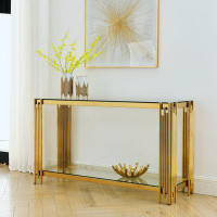 Everly Quinn Modern Glass Console Table with Sturdy Metal Frame and Clear Tempered Glass Top