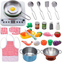 Ruya company 28 Pcs Kitchen Toy, Kids Cooking Sets, Includes Stainless Steel Cookware, Electronic Induction Cooktop (Wit