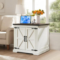 Gracie Oaks Farmhouse Square End Table, With Charging Station And Barn Doors