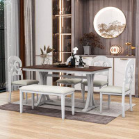 August Grove Vintage 6-Piece Dining Set: Trestle Table, 4 Victorian Chairs, Comfortable Bench