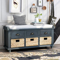 August Grove Rustic Storage Bench with 3 Drawers and 3 Rattan Baskets