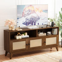 George Oliver Mid-century Modern Tv Stand For 65 Inch Tv, Entertainment Centre And Rattan Tv Stand With Storage Shelves