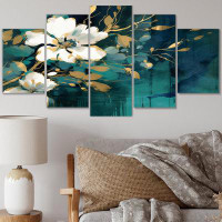 Winston Porter White Teal Plants In Chaos III - Floral Wall Art Living Room - 5 Panels