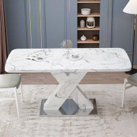 Ivy Bronx Modern Square Dining Table, Stretchable,  Marble Table Top+MDF X-Shape Table Leg with Metal Base