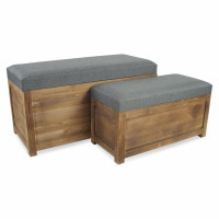 Loon Peak Set Of 2 Rectangular Grey Linen Fabric And Wood Storage Benches