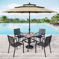 Lark Manor 5-piece Steel Patio Outdoor Dining Set With Umbrella, Metal Stackable Chairs, Square Wood-like Table Top Tabl