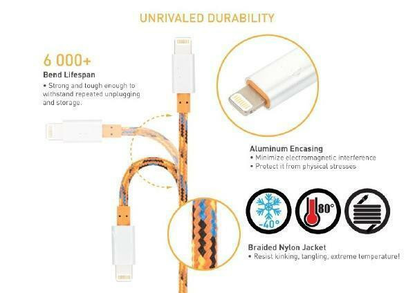 1M Apple Certified Nylon Braided Lightning Cable for iPhone iPod iPad - 3.28 ft. - Orange in Cell Phone Accessories in Québec - Image 4