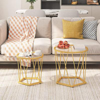 Mercer41 Round Coffee Table Set Of 2, Gold Coffee End Table With Metal Frame, Tempered Glass Small Coffee Table For Livi