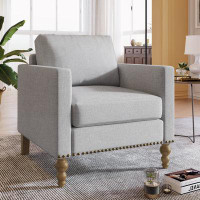 Charlton Home Classic Linen Armchair Accent Chair With Bronze Nailhead Trim Wooden Legs Single Sofa Couch For Living Roo