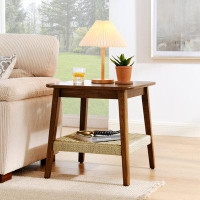 George Oliver 23" Mid-Century Side Table With Woven Shelf, Boho Side Table With Storage, Bedside Tables, Small Side Tabl