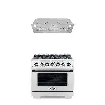 Cosmo 2 Piece Kitchen Package With 36" Freestanding Gas Range With Custom Handle And Knob Kit 36" Insert Range Hood
