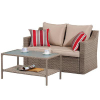 Red Barrel Studio Brown Rattan Double Couch Tables Furniture Set For Small Living Room, Pool Patio, Garden Outdoor