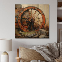 Williston Forge Jadvyga Orange Old Cart Wheels II On Wood Print