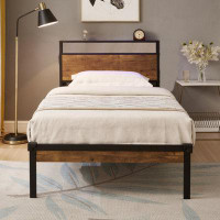 17 Stories Metal Platform Bed Frame With Wooden Headboard And Footboard With USB LINER, No Box Spring Needed,  Under Bed