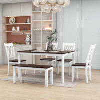 August Grove Brynmor 6-Piece Wooden Kitchen Table Set, Farmhouse Rustic Dining Table with Chairs and Bench